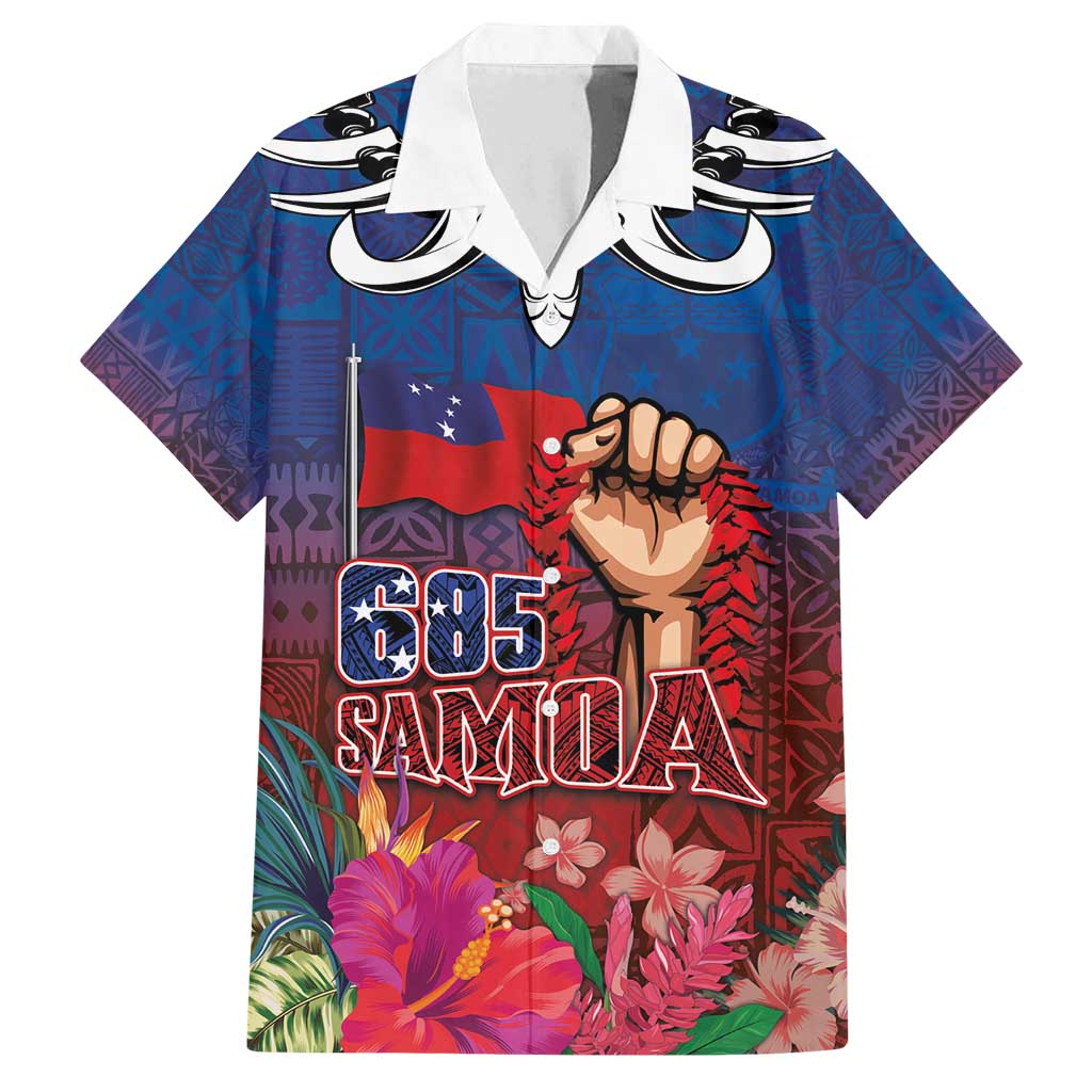 Proud of Samoa Family Matching Off Shoulder Maxi Dress and Hawaiian Shirt Ula Nifo with Samoa 685 and Hibiscus Tapa Tribal Pattern LT03 Dad's Shirt - Short Sleeve Blue - Polynesian Pride