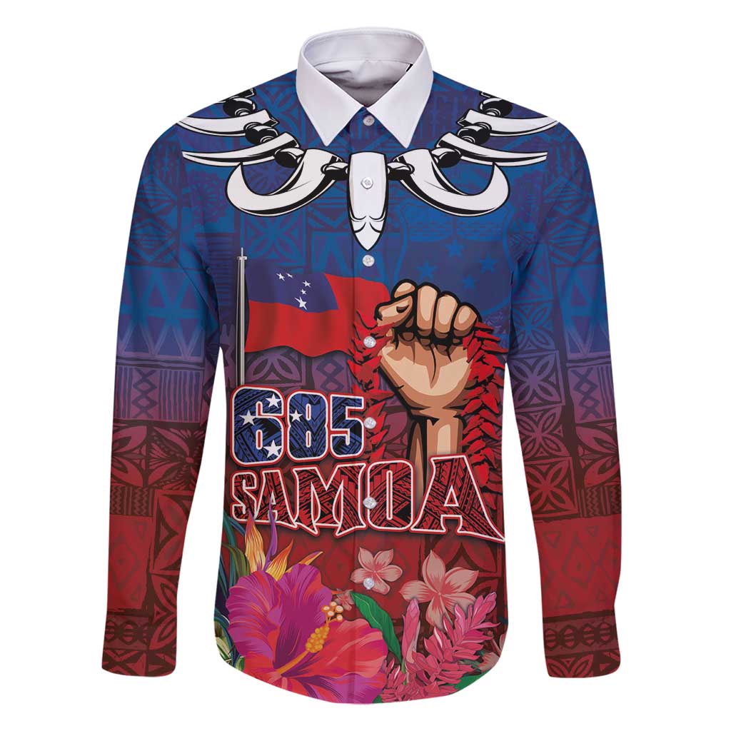 Proud of Samoa Family Matching Tank Maxi Dress and Hawaiian Shirt Ula Nifo with Samoa 685 and Hibiscus Tapa Tribal Pattern LT03 Dad's Shirt - Long Sleeve Blue - Polynesian Pride