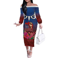 Proud of Samoa Off The Shoulder Long Sleeve Dress Ula Nifo with Samoa 685 and Hibiscus Tapa Tribal Pattern LT03 Women Blue - Polynesian Pride