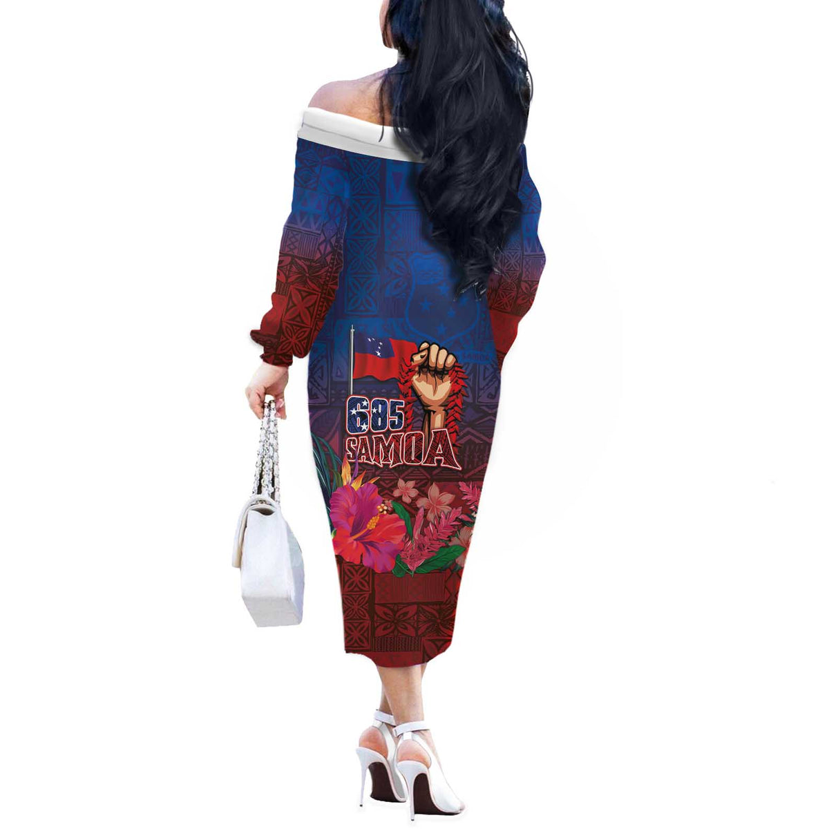 Proud of Samoa Off The Shoulder Long Sleeve Dress Ula Nifo with Samoa 685 and Hibiscus Tapa Tribal Pattern LT03 - Polynesian Pride