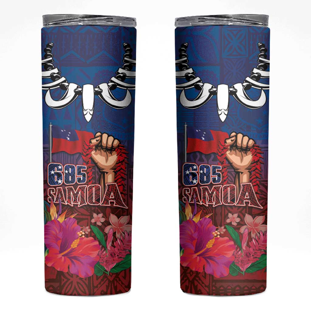 Proud of Samoa 685 Skinny Tumbler Ula Nifo and Hibiscus Tapa Tribal Pattern LT03 Blue - Polynesian Pride