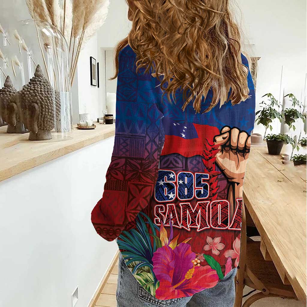 Proud of Samoa Women Casual Shirt Ula Nifo with Samoa 685 and Hibiscus Tapa Tribal Pattern LT03 - Polynesian Pride