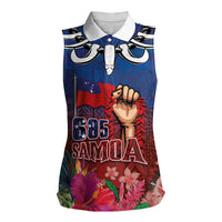 Proud of Samoa Women Sleeveless Polo Shirt Ula Nifo with Samoa 685 and Hibiscus Tapa Tribal Pattern LT03 Female Blue - Polynesian Pride