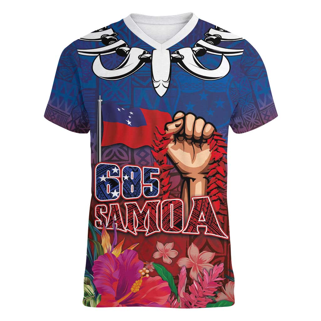 Proud of Samoa Women V-Neck T-Shirt Ula Nifo with Samoa 685 and Hibiscus Tapa Tribal Pattern LT03 Female Blue - Polynesian Pride