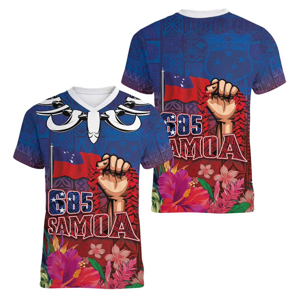 Proud of Samoa Women V-Neck T-Shirt Ula Nifo with Samoa 685 and Hibiscus Tapa Tribal Pattern LT03 - Polynesian Pride
