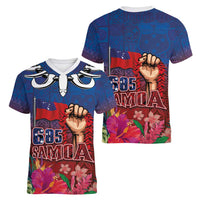 Proud of Samoa Women V-Neck T-Shirt Ula Nifo with Samoa 685 and Hibiscus Tapa Tribal Pattern LT03 - Polynesian Pride