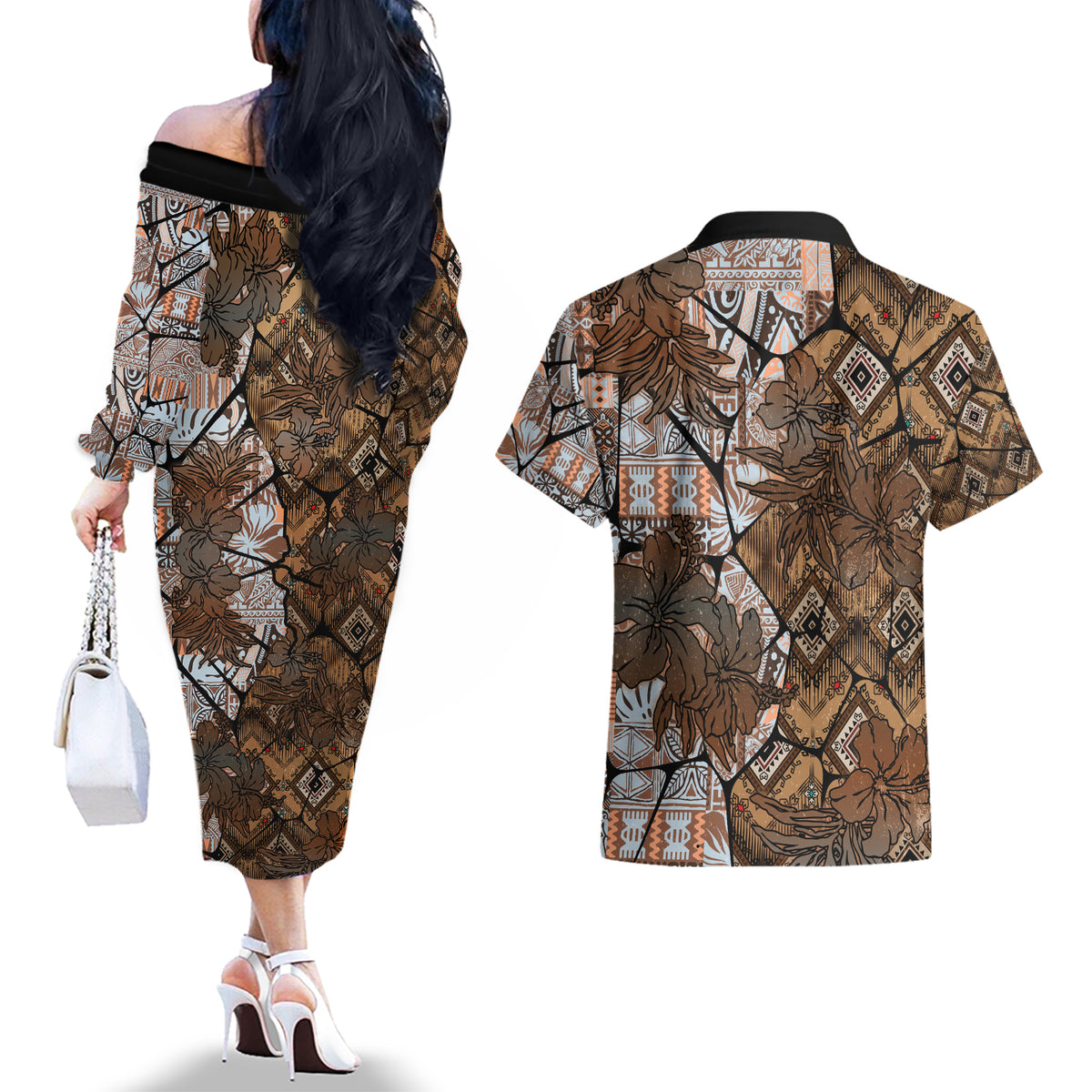 Fiji Masi Tapa Tribal Couples Matching Off The Shoulder Long Sleeve Dress and Hawaiian Shirt Old Hibiscus Vintage Style LT03 - Polynesian Pride