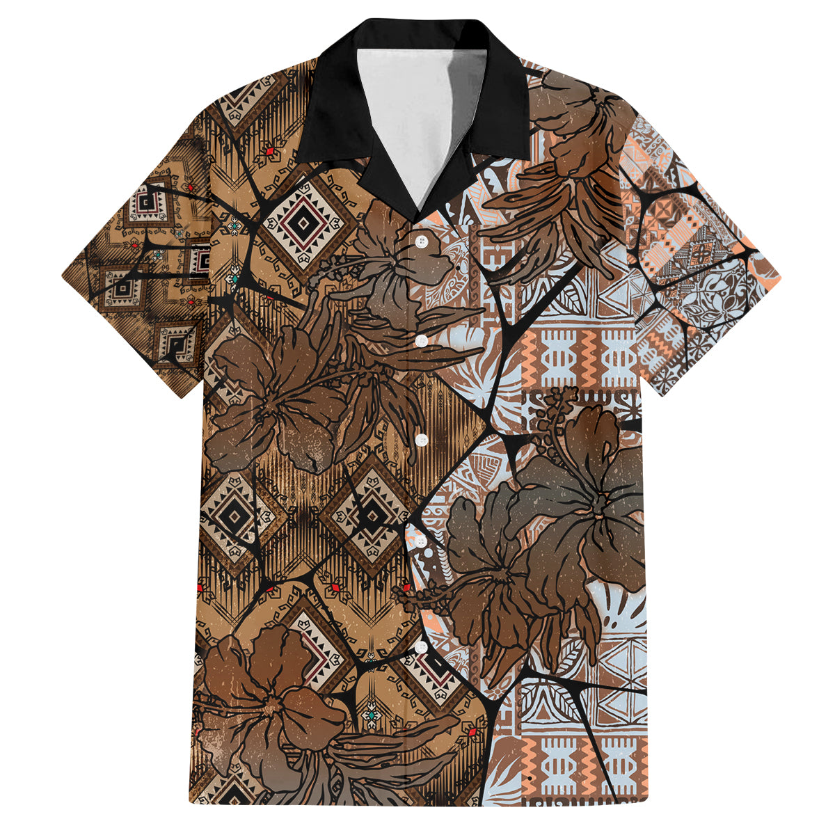 Fiji Masi Tapa Tribal Family Matching Long Sleeve Bodycon Dress and Hawaiian Shirt Old Hibiscus Vintage Style LT03 Dad's Shirt - Short Sleeve Brown - Polynesian Pride