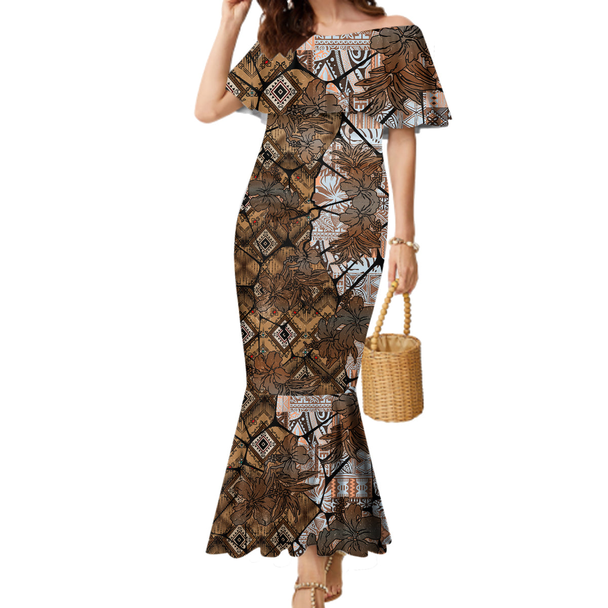 Fiji Masi Tapa Tribal Family Matching Mermaid Dress and Hawaiian Shirt Old Hibiscus Vintage Style LT03 Mom's Dress Brown - Polynesian Pride