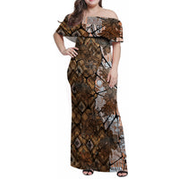 Fiji Masi Tapa Tribal Family Matching Off Shoulder Maxi Dress and Hawaiian Shirt Old Hibiscus Vintage Style LT03 Mom's Dress Brown - Polynesian Pride