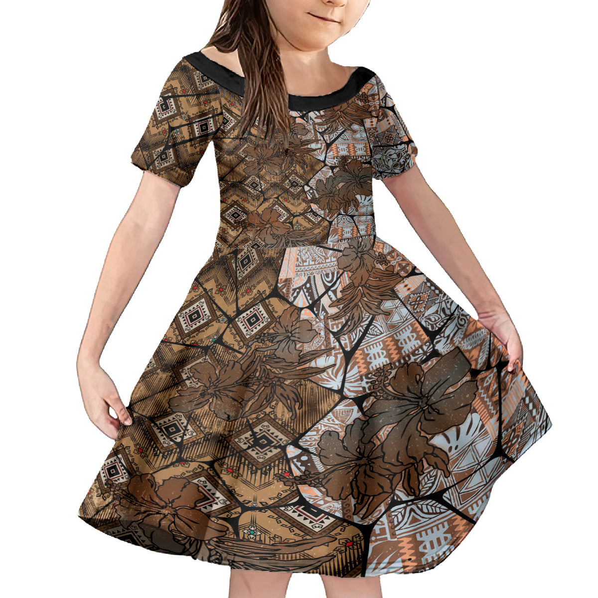 Fiji Masi Tapa Tribal Family Matching Tank Maxi Dress and Hawaiian Shirt Old Hibiscus Vintage Style LT03 Daughter's Dress Brown - Polynesian Pride