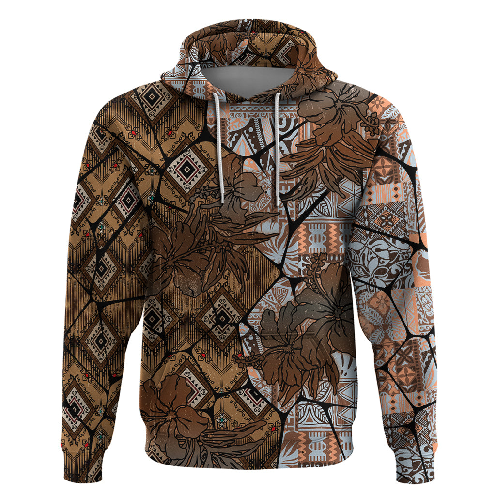 Fiji Masi Tapa Tribal Zip Hoodie Old Hibiscus Vintage Style LT03 Pullover Hoodie Brown - Polynesian Pride