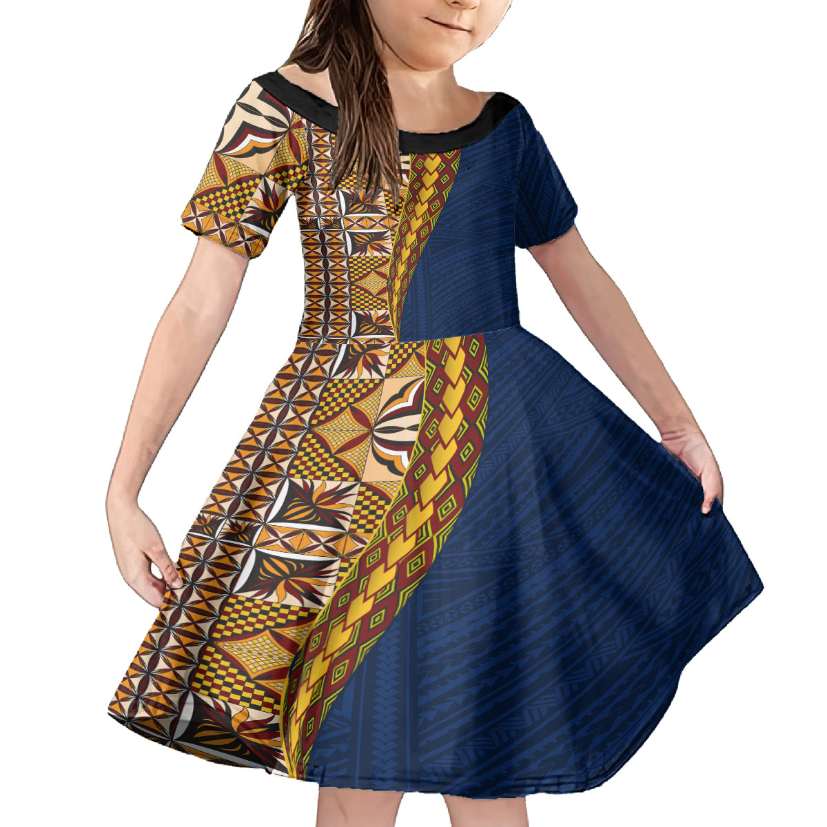 Samoan Siapo Family Matching Off Shoulder Maxi Dress and Hawaiian Shirt Tatau Pattern Half Style LT03 Daughter's Dress Yellow - Polynesian Pride