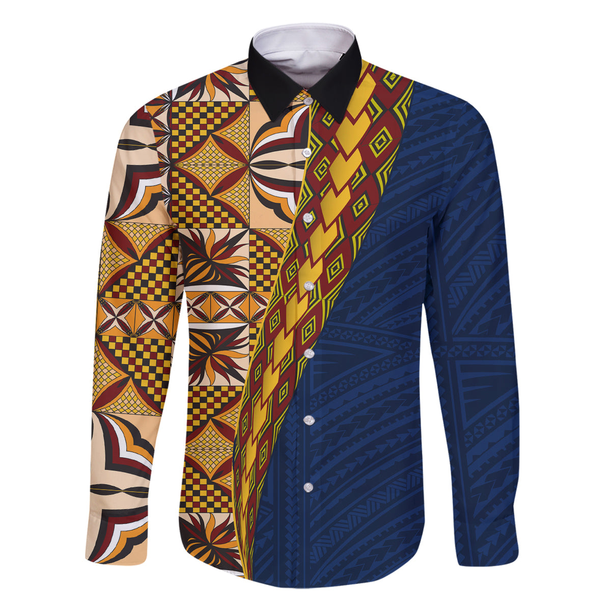Samoan Siapo Family Matching Off Shoulder Short Dress and Hawaiian Shirt Tatau Pattern Half Style LT03 Dad's Shirt - Long Sleeve Yellow - Polynesian Pride