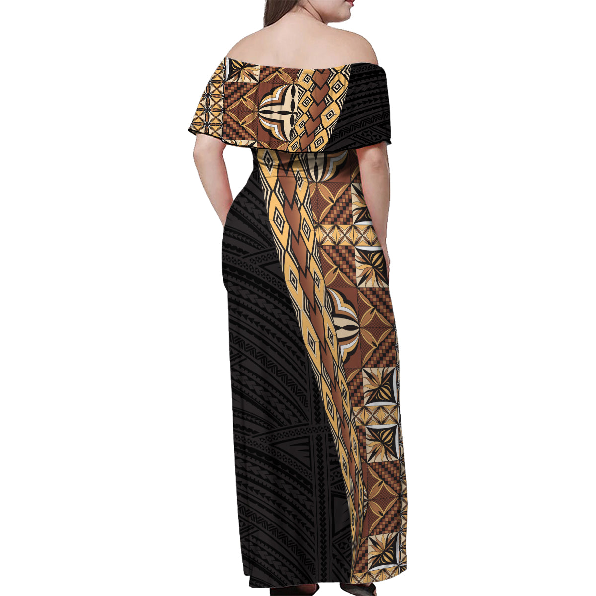 Samoan Siapo Family Matching Off Shoulder Maxi Dress and Hawaiian Shirt Tatau Pattern Half Style Retro Mode LT03 - Polynesian Pride