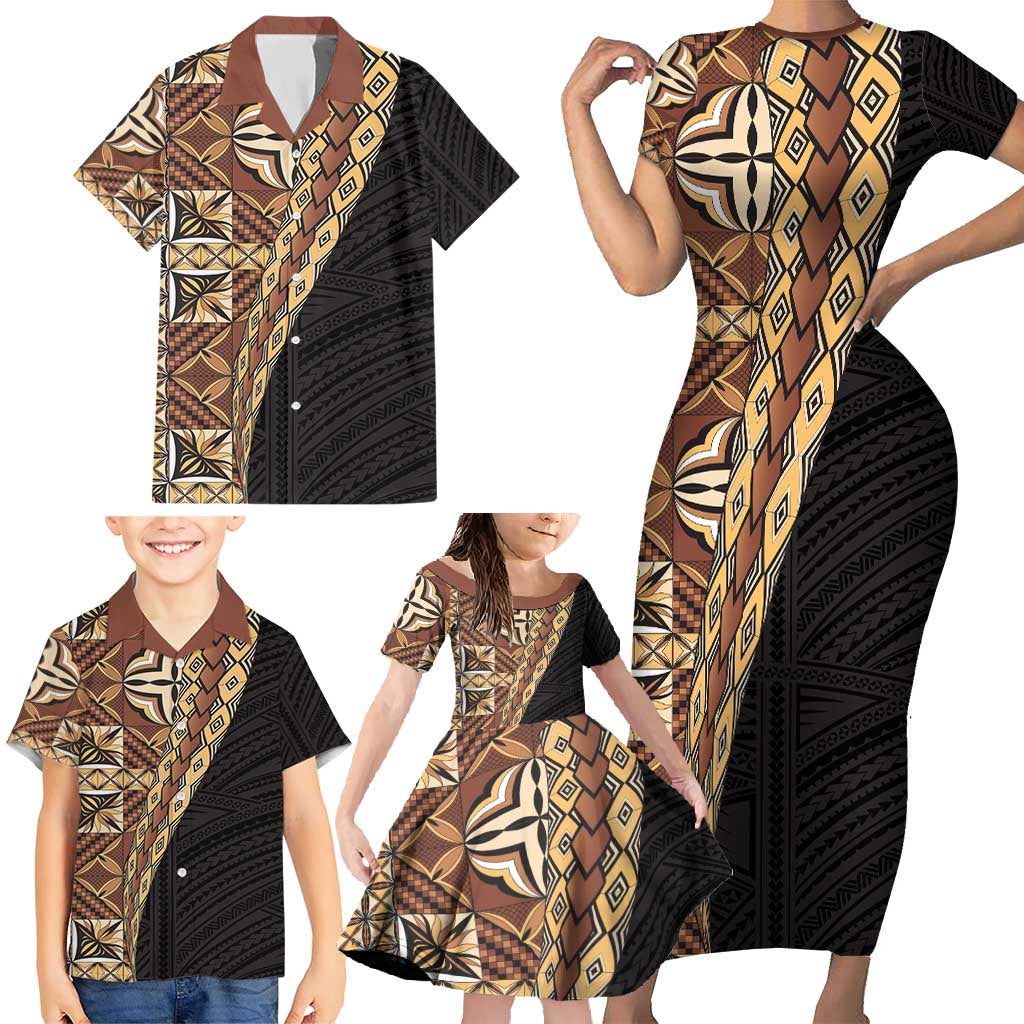 Samoan Siapo Family Matching Short Sleeve Bodycon Dress and Hawaiian Shirt - Tatau Pattern Half Style Retro Mode LT03