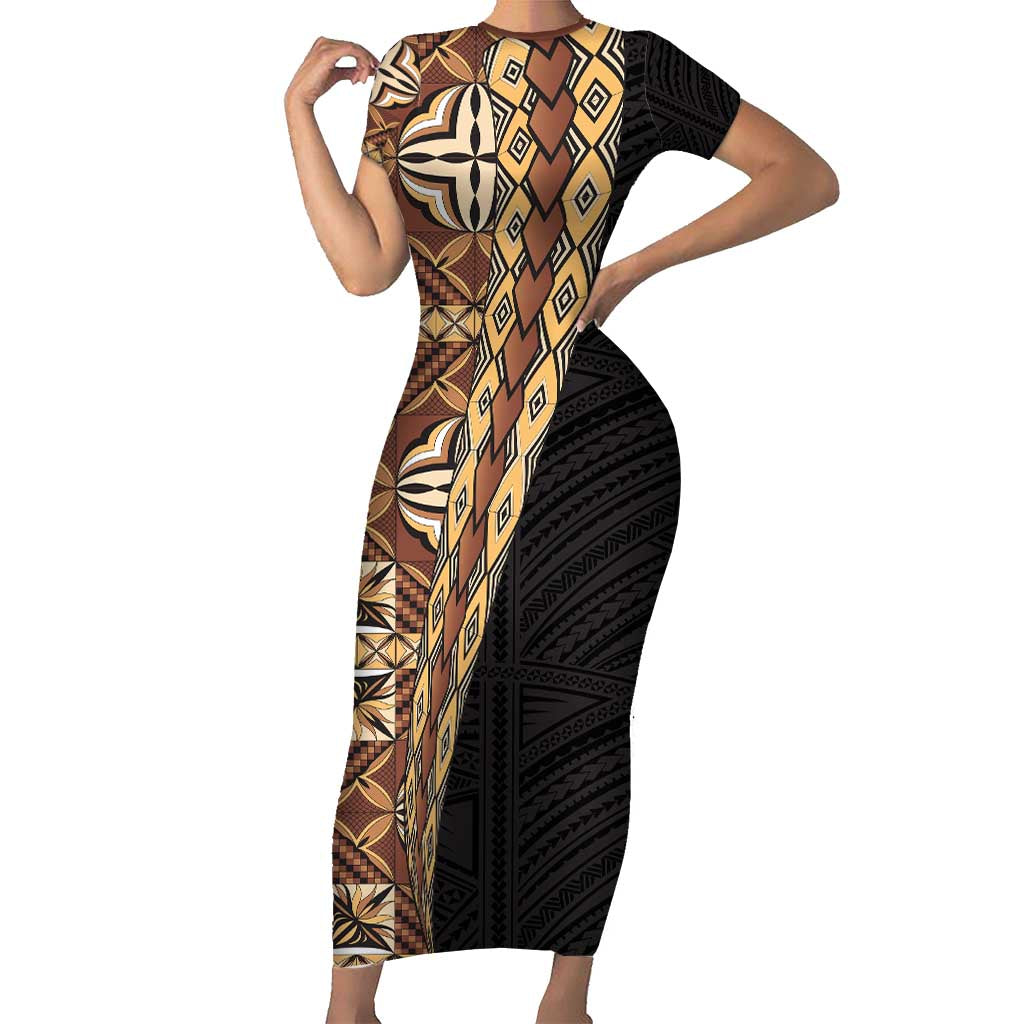 Samoan Siapo Family Matching Short Sleeve Bodycon Dress and Hawaiian Shirt - Tatau Pattern Half Style Retro Mode LT03