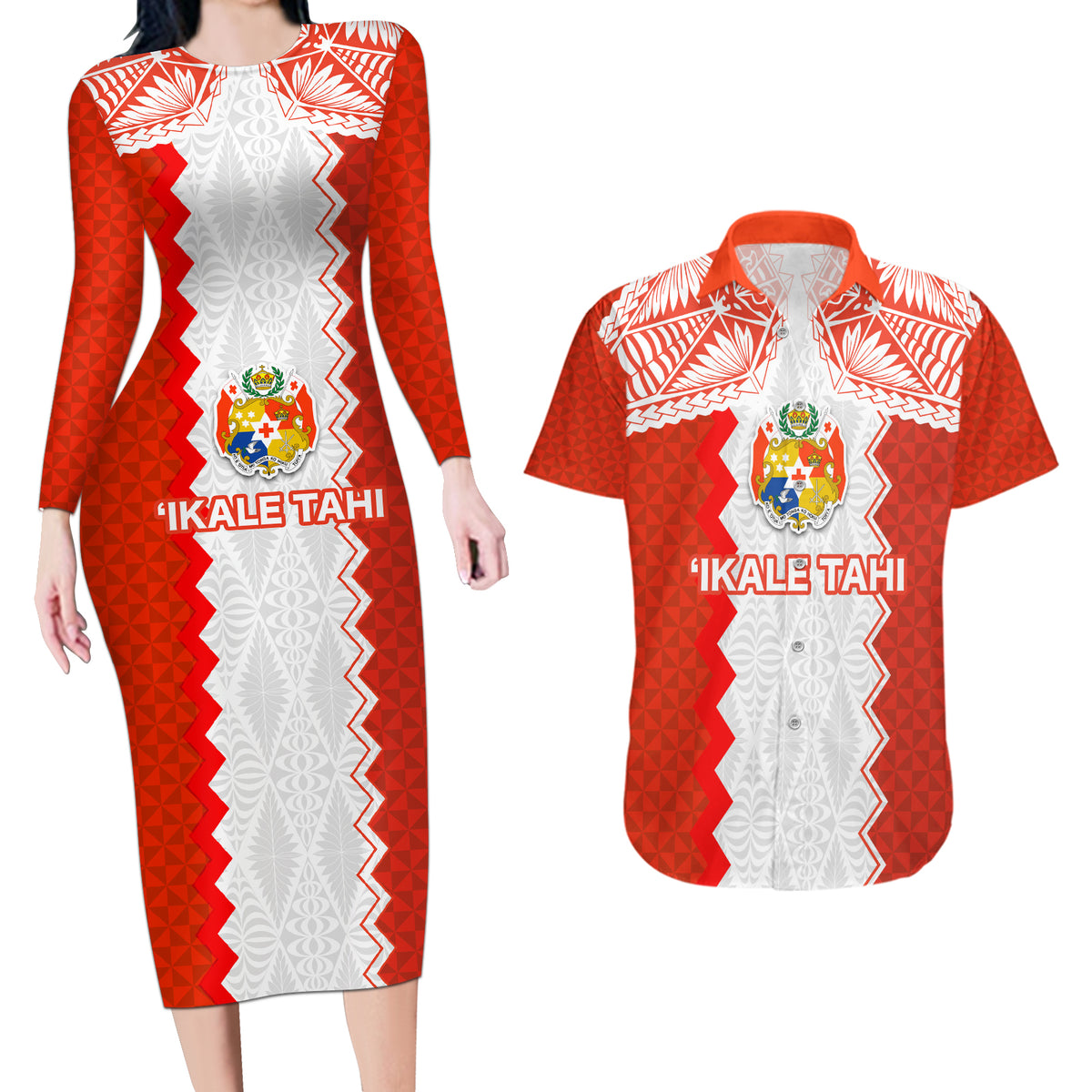 Custom Tonga Rugby Couples Matching Long Sleeve Bodycon Dress and Hawaiian Shirt Ikale Tahi Ngatu Tribal Pattern LT03 Orange - Polynesian Pride