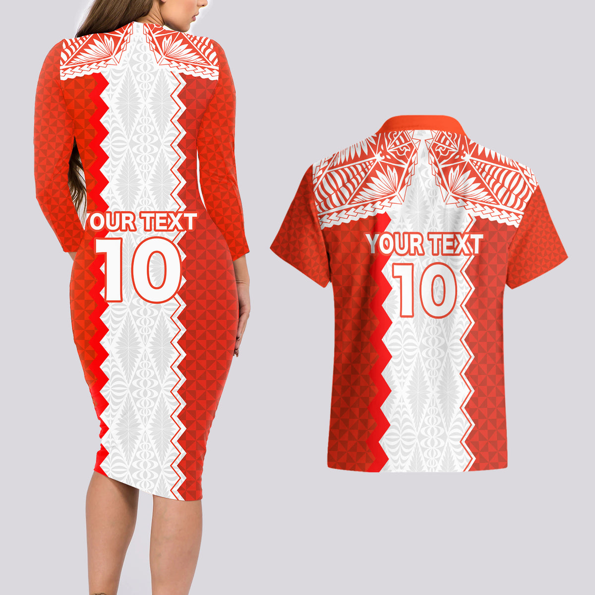Custom Tonga Rugby Couples Matching Long Sleeve Bodycon Dress and Hawaiian Shirt Ikale Tahi Ngatu Tribal Pattern LT03 - Polynesian Pride