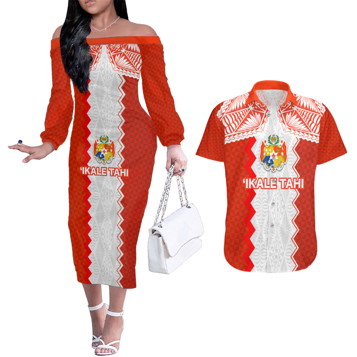 Custom Tonga Rugby Couples Matching Off The Shoulder Long Sleeve Dress and Hawaiian Shirt Ikale Tahi Ngatu Tribal Pattern LT03 Orange - Polynesian Pride