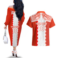 Custom Tonga Rugby Couples Matching Off The Shoulder Long Sleeve Dress and Hawaiian Shirt Ikale Tahi Ngatu Tribal Pattern LT03 - Polynesian Pride