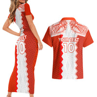 Custom Tonga Rugby Couples Matching Short Sleeve Bodycon Dress and Hawaiian Shirt Ikale Tahi Ngatu Tribal Pattern LT03 - Polynesian Pride