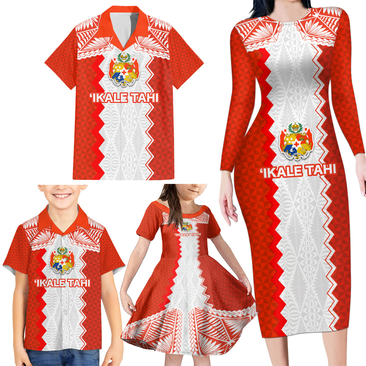 Custom Tonga Rugby Family Matching Long Sleeve Bodycon Dress and Hawaiian Shirt Ikale Tahi Ngatu Tribal Pattern LT03 - Polynesian Pride