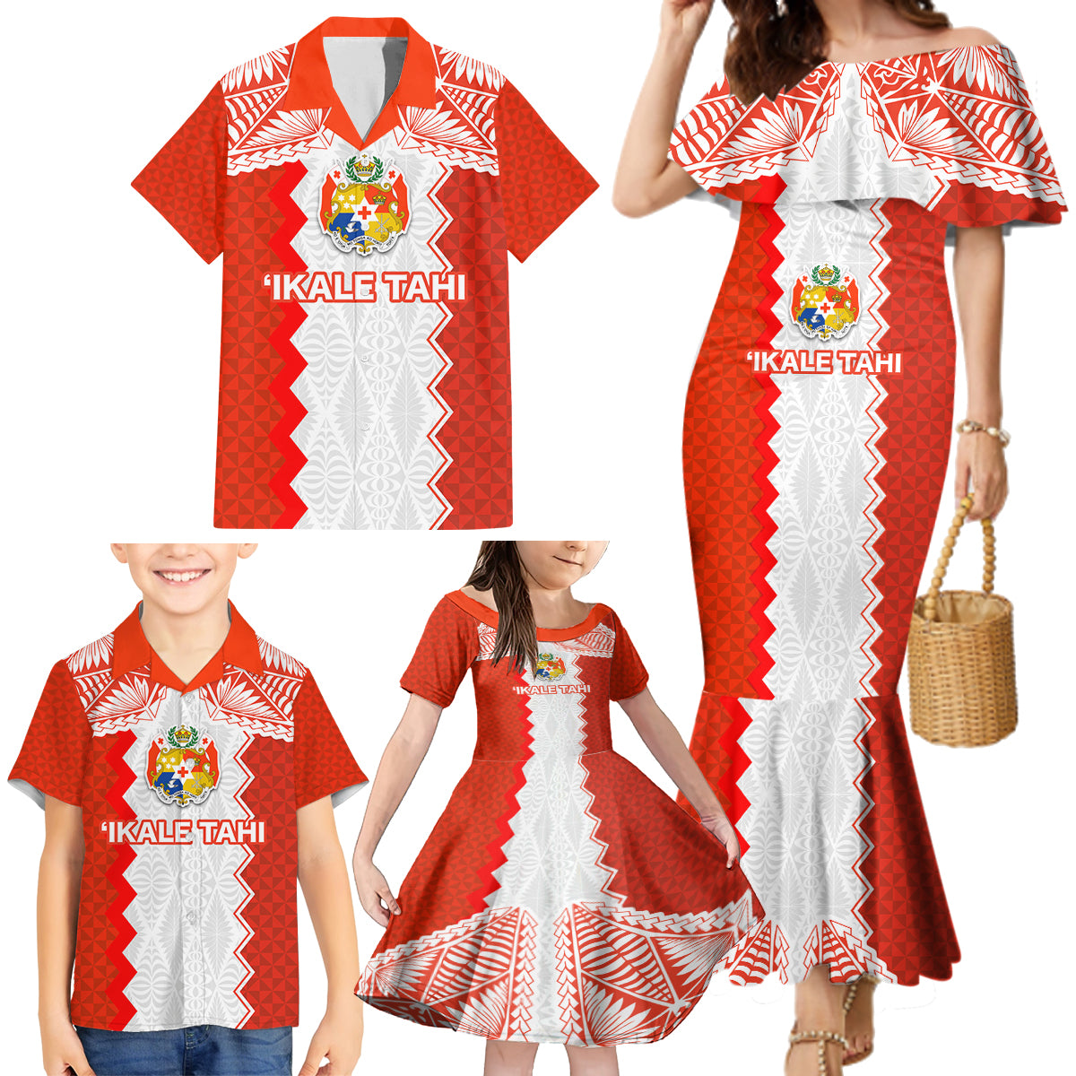 Custom Tonga Rugby Family Matching Mermaid Dress and Hawaiian Shirt Ikale Tahi Ngatu Tribal Pattern LT03 - Polynesian Pride