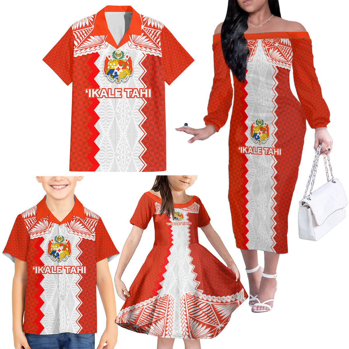 Custom Tonga Rugby Family Matching Off Shoulder Long Sleeve Dress and Hawaiian Shirt Ikale Tahi Ngatu Tribal Pattern LT03 - Polynesian Pride