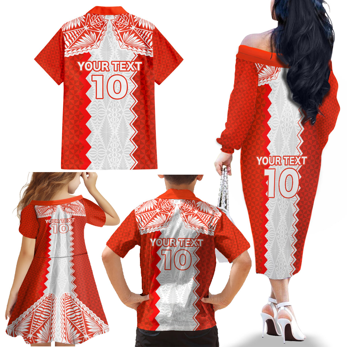 Custom Tonga Rugby Family Matching Off Shoulder Long Sleeve Dress and Hawaiian Shirt Ikale Tahi Ngatu Tribal Pattern LT03 - Polynesian Pride