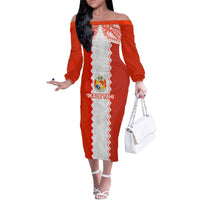 Custom Tonga Rugby Family Matching Off Shoulder Long Sleeve Dress and Hawaiian Shirt Ikale Tahi Ngatu Tribal Pattern LT03 Mom's Dress Orange - Polynesian Pride