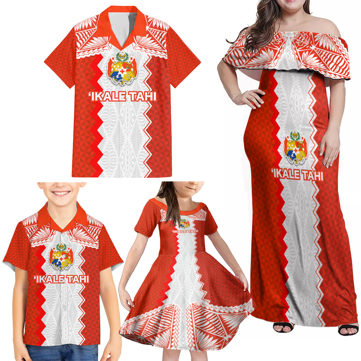 Custom Tonga Rugby Family Matching Off Shoulder Maxi Dress and Hawaiian Shirt Ikale Tahi Ngatu Tribal Pattern LT03 - Polynesian Pride