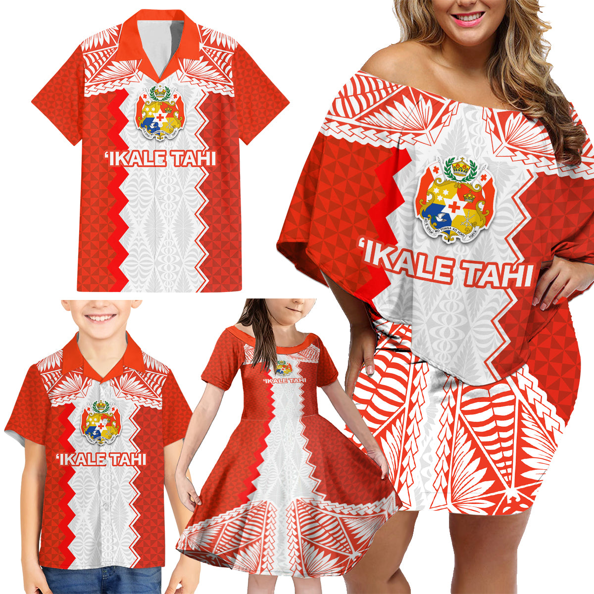 Custom Tonga Rugby Family Matching Off Shoulder Short Dress and Hawaiian Shirt Ikale Tahi Ngatu Tribal Pattern LT03 - Polynesian Pride