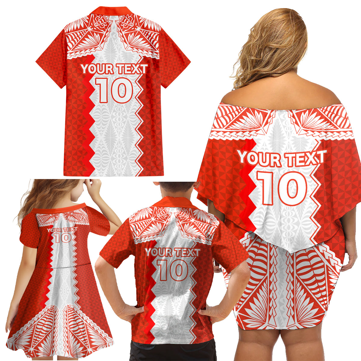 Custom Tonga Rugby Family Matching Off Shoulder Short Dress and Hawaiian Shirt Ikale Tahi Ngatu Tribal Pattern LT03 - Polynesian Pride