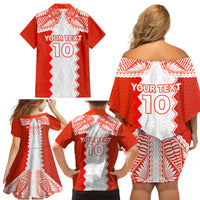 Custom Tonga Rugby Family Matching Off Shoulder Short Dress and Hawaiian Shirt Ikale Tahi Ngatu Tribal Pattern LT03 - Polynesian Pride