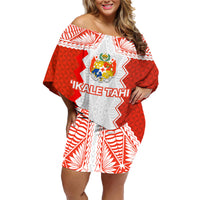 Custom Tonga Rugby Family Matching Off Shoulder Short Dress and Hawaiian Shirt Ikale Tahi Ngatu Tribal Pattern LT03 Mom's Dress Orange - Polynesian Pride