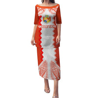 Custom Tonga Rugby Family Matching Puletasi and Hawaiian Shirt Ikale Tahi Ngatu Tribal Pattern LT03 Mom's Dress Orange - Polynesian Pride