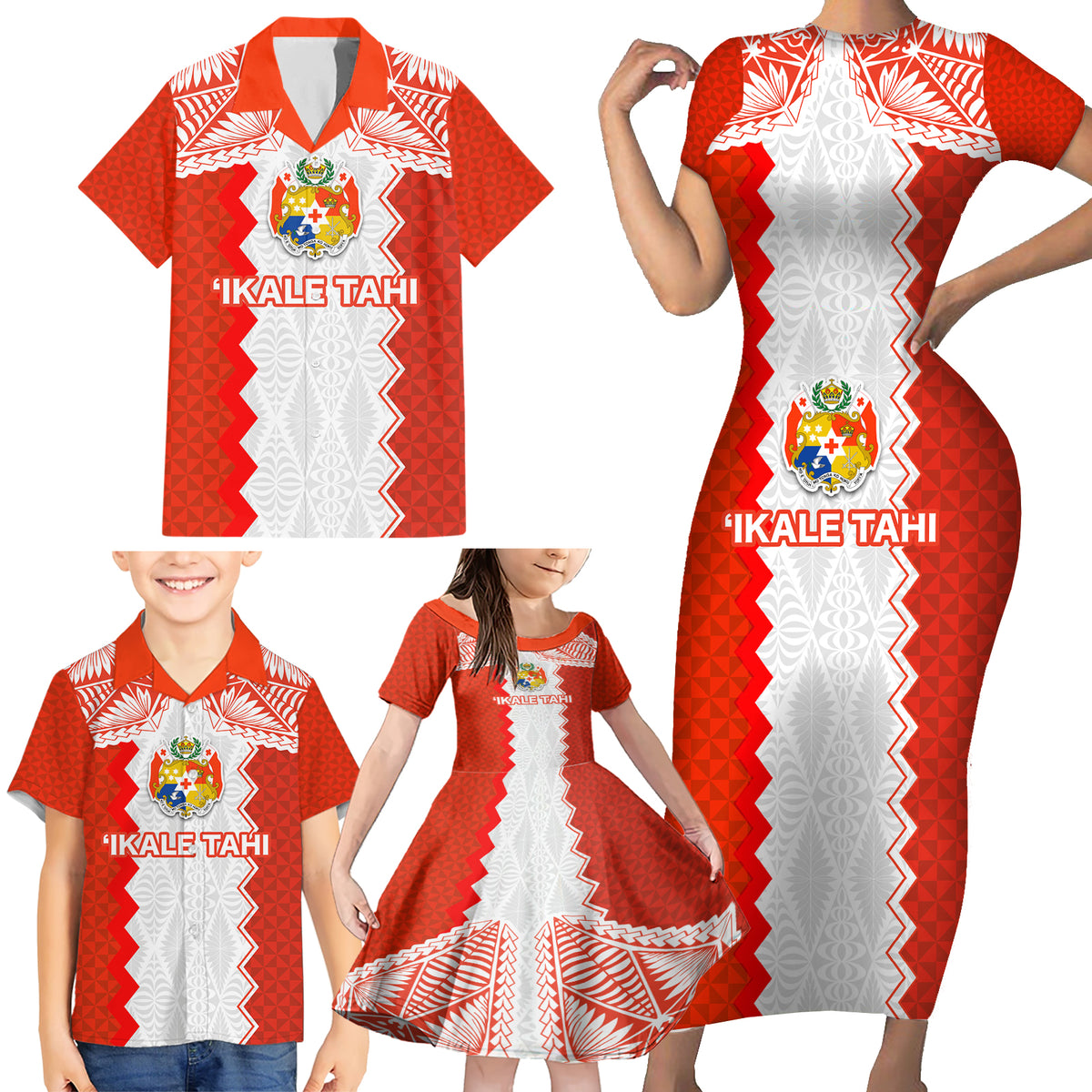 Custom Tonga Rugby Family Matching Short Sleeve Bodycon Dress and Hawaiian Shirt Ikale Tahi Ngatu Tribal Pattern LT03 - Polynesian Pride