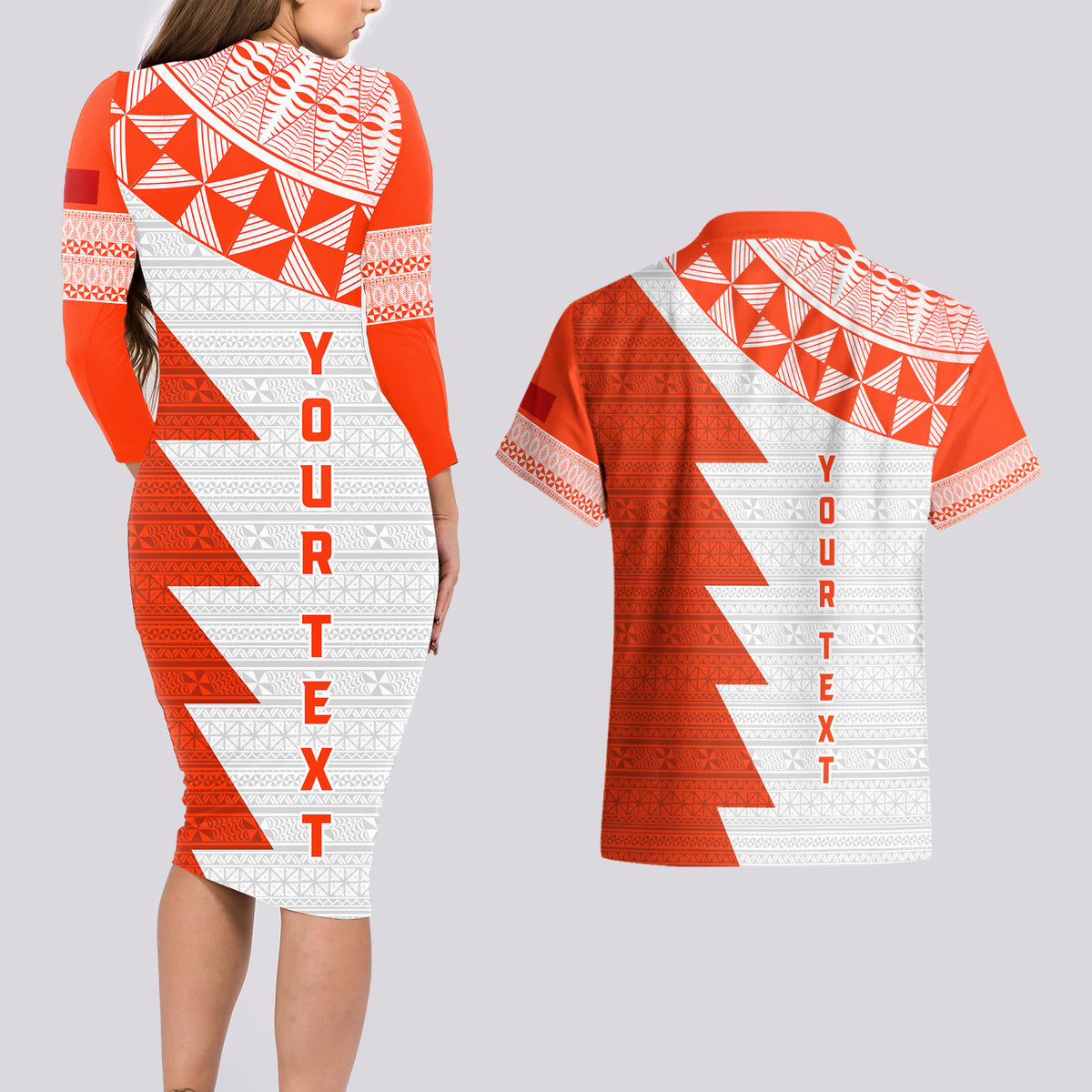 Custom Tonga Rugby Couples Matching Long Sleeve Bodycon Dress and Hawaiian Shirt Ikale Tahi Ngatu Tribal Pattern Half Style LT03 - Polynesian Pride