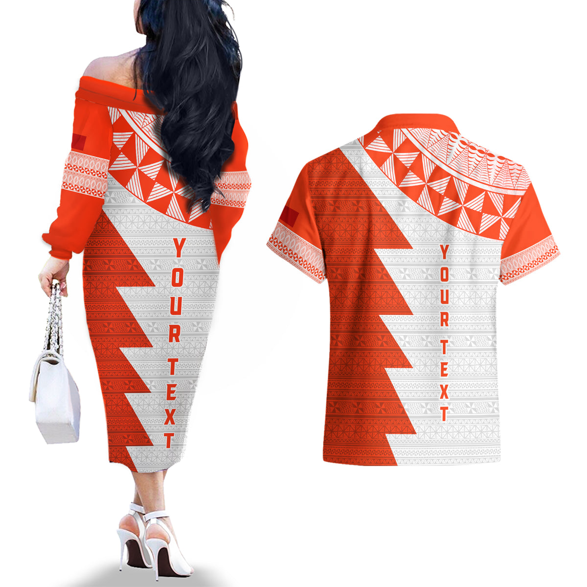 Custom Tonga Rugby Couples Matching Off The Shoulder Long Sleeve Dress and Hawaiian Shirt Ikale Tahi Ngatu Tribal Pattern Half Style LT03 - Polynesian Pride