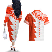 Custom Tonga Rugby Couples Matching Off The Shoulder Long Sleeve Dress and Hawaiian Shirt Ikale Tahi Ngatu Tribal Pattern Half Style LT03 - Polynesian Pride