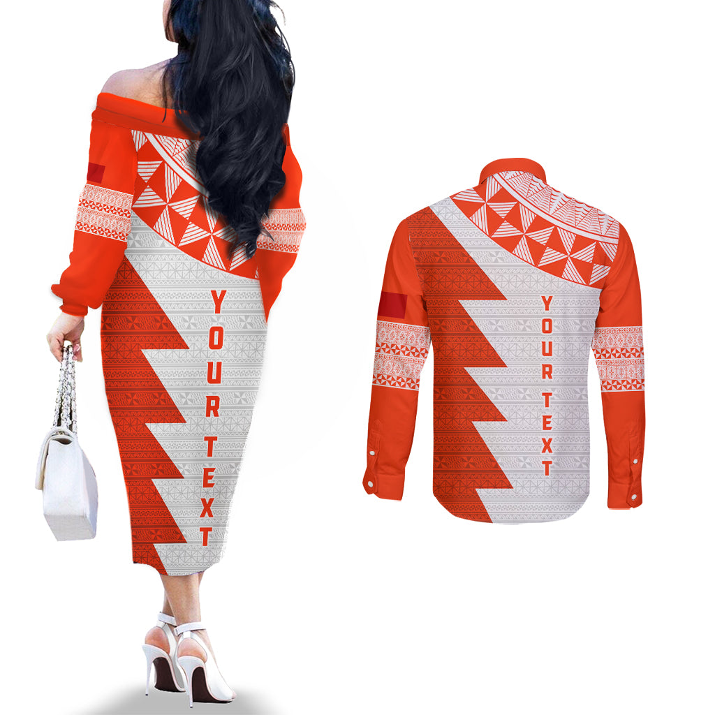 Custom Tonga Rugby Couples Matching Off The Shoulder Long Sleeve Dress and Long Sleeve Button Shirt Ikale Tahi Ngatu Tribal Pattern Half Style LT03