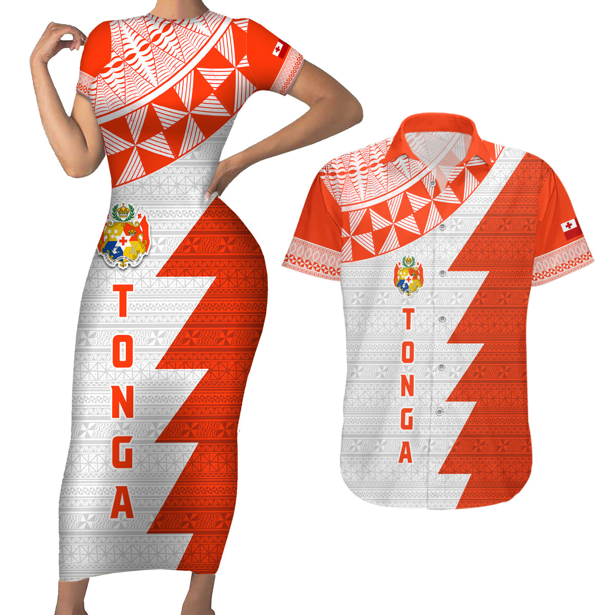 Custom Tonga Rugby Couples Matching Short Sleeve Bodycon Dress and Hawaiian Shirt Ikale Tahi Ngatu Tribal Pattern Half Style LT03 Orange - Polynesian Pride