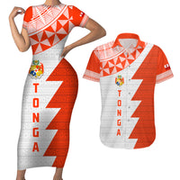 Custom Tonga Rugby Couples Matching Short Sleeve Bodycon Dress and Hawaiian Shirt Ikale Tahi Ngatu Tribal Pattern Half Style LT03 Orange - Polynesian Pride