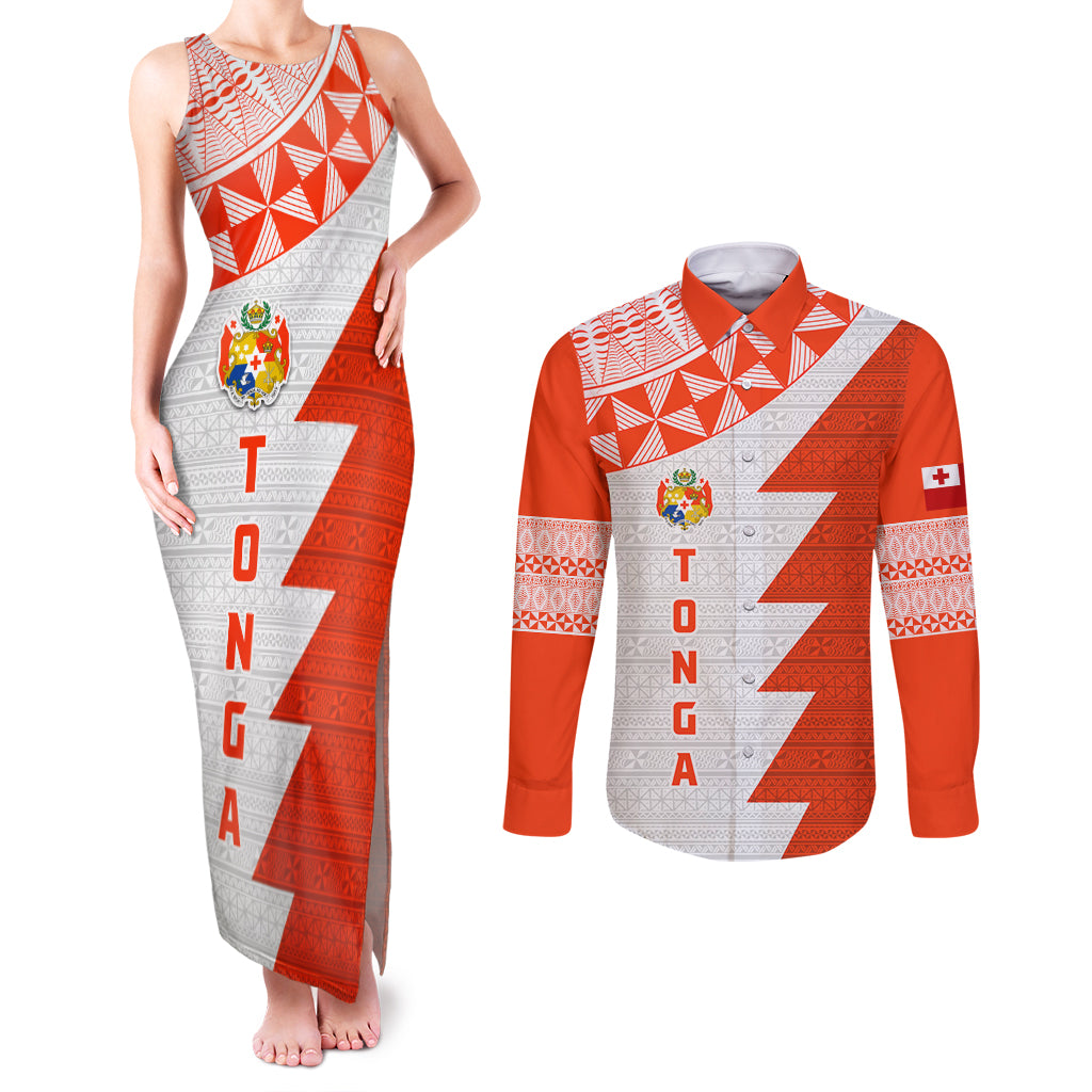 Custom Tonga Rugby Couples Matching Tank Maxi Dress and Long Sleeve Button Shirt Ikale Tahi Ngatu Tribal Pattern Half Style LT03 Orange - Polynesian Pride