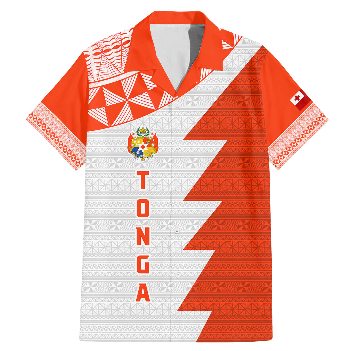 Custom Tonga Rugby Family Matching Mermaid Dress and Hawaiian Shirt Ikale Tahi Ngatu Tribal Pattern Half Style LT03 Dad's Shirt - Short Sleeve Orange - Polynesian Pride