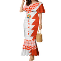 Custom Tonga Rugby Family Matching Mermaid Dress and Hawaiian Shirt Ikale Tahi Ngatu Tribal Pattern Half Style LT03 Mom's Dress Orange - Polynesian Pride
