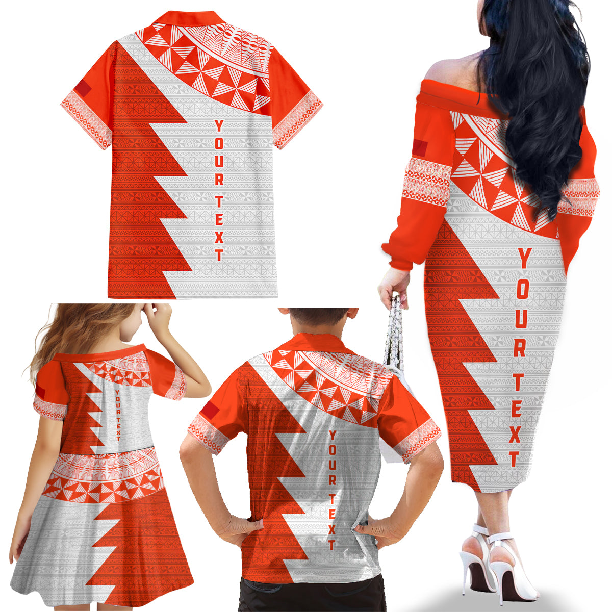 Custom Tonga Rugby Family Matching Off Shoulder Long Sleeve Dress and Hawaiian Shirt Ikale Tahi Ngatu Tribal Pattern Half Style LT03 - Polynesian Pride