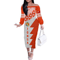 Custom Tonga Rugby Family Matching Off Shoulder Long Sleeve Dress and Hawaiian Shirt Ikale Tahi Ngatu Tribal Pattern Half Style LT03 Mom's Dress Orange - Polynesian Pride