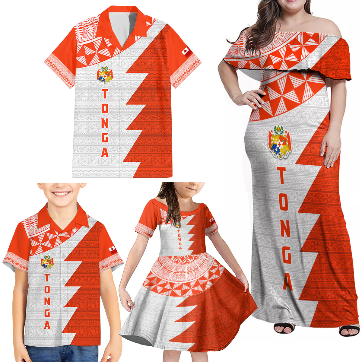 Custom Tonga Rugby Family Matching Off Shoulder Maxi Dress and Hawaiian Shirt Ikale Tahi Ngatu Tribal Pattern Half Style LT03 - Polynesian Pride